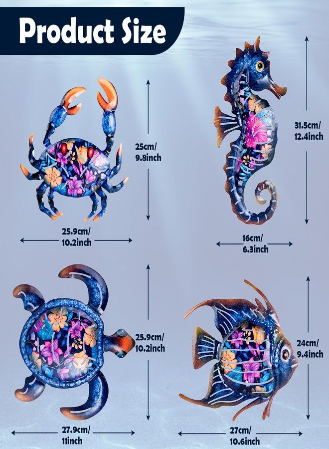 SUNREEK 4Pcs Metal Ocean Wall Decor, Blue Turtle Fish Crab Seahorse Wall Art for Coast Beach Pool Yard Fence Garden Bathroom Decoration (Ocean-A) - Image 3